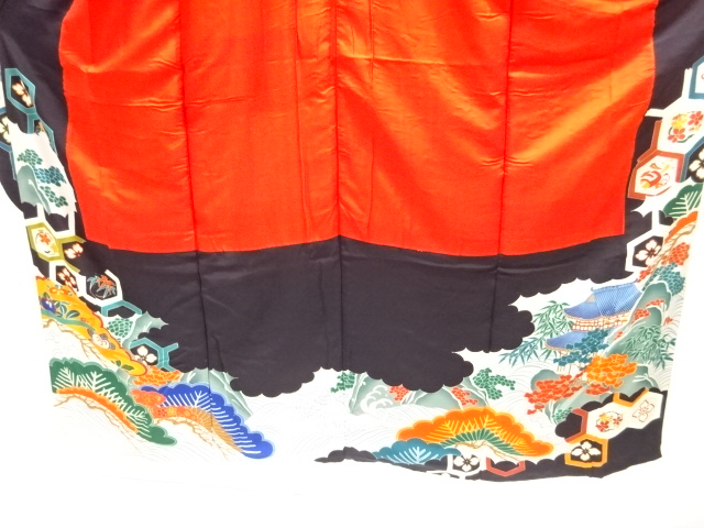  大正ロマン　錦紗鶴に花・宝尽くし模様刺繍五つ紋花嫁衣装振袖・中着セット